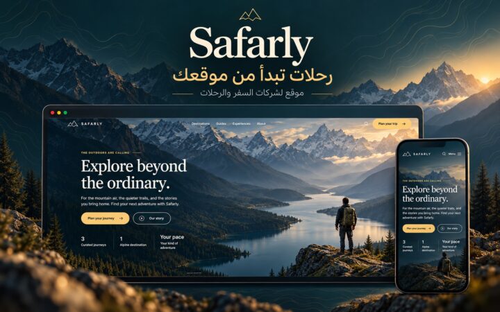 غلاف Safarly الدعائي — موقع سفر ورحلات على الكمبيوتر والموبايل